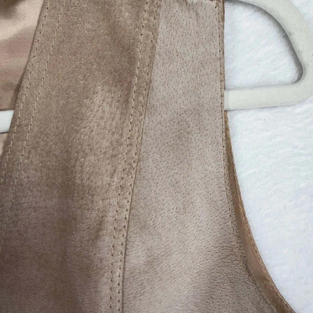 Vintage Boho Large Leather Vest Suede Front Satin Back Cinch Tan Camel Festival
